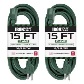 Iron Forge Tools Pack of 2 Outdoor Extension Cords, 15 FT ea - 16/3 Durable Green 3 Prong