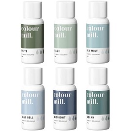 Colour Mill Coastal Oil-Based Food Coloring, 20 Milliliters Each of 6 Colors: Blue Bell, Midnight, Ocean, Olive, Sage and Sea Mist