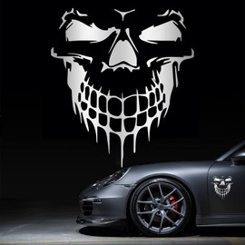 HungMieh Skull Stickers and Decals for Car Windows Doors and Trucks, 3D Skull Decals and Signs for Car Styling, Laser Skull Bumper Stickers for Car Decor, Brushed Silver, 6.97"