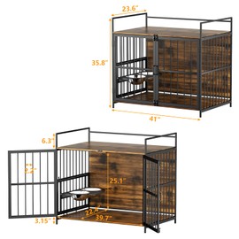 ROOMTEC Furniture Style Large Dog Crate with 360° & Adjustable Raised Feeder for Dogs with 2 Stainless Steel Bowls -End Table Dog House with Dog Pad (41Inch = Int.dims: 39.7" W x 22.4" D x 25.1" H)