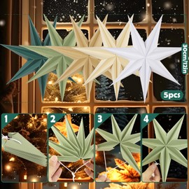 EASY JOY Set of 5 Paper Stars 30 cm Sage Green Folding Star Christmas Decoration Dark Green 9 Points White Sage Green Folding Stars Party Decoration for Christmas Decoration Wedding Birthday Table