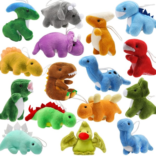 16 Pack Plush Dinosaurs Bulk, Mini Dinosaur Figures Assortment Keychain Toy, Soft Dino Stuffed Animal Set Gifts for Kids, Easter Basket Stuffers, Goody Bag Filler, Doll Machine, Toddler Party Favors