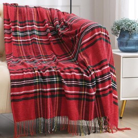 Jemsia Throw Blanket with Tassels for Sofa Bed Car Travel Cover,Cozy Warm Red Tartan Plaid Pattern Check Christmas Blanket Throws Home Decorative Blankets for Couch, Armchairs, 127 x 152cm