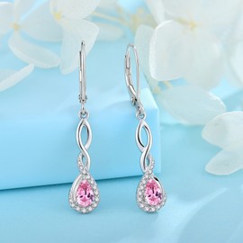 FJ Infinity Earrings for Women 925 Sterling Silver Pink Tourmaline Earrings October Birthstone Leverback Dangle Drop Earrings Jewellery Gifts for Women Girls