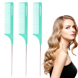 Goodofferplace 3 PCS Rat Tail Combs Parting Rattail Teasing Fine Tooth Comb with Metal Pick for Curly Hair,Detangling Parting Combs for Women,for Braiding,Styling Hair(Green)