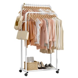 Sakugi Clothes Rack - Clothing Rack with Storage Mesh Shelf & Casters, Heavy-Duty Metal Clothing Rack for Hanging Clothes, Dresses, Coats, Large Load Capacity, Easy Assembly, White, 28.0"x16.0"x59.0"