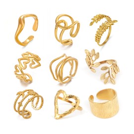 GOGZBD 9 Pcs 14K Gold Plated Open Stackable Rings for Women Stainless Steel Heart Leaf Star Statement Ring Set Trendy Knuckle Rings