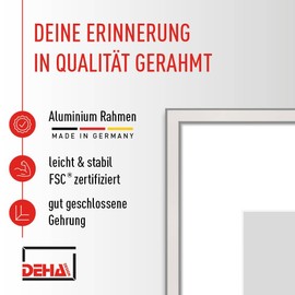 DEHA Design Trauerrahmen, 21 x 29,7 cm (A4), Aluminium, Eloxal Schwarz Matt, mit Passepartout 13x18, Portraitrahmen zum Auftstellen und Aufhängen im Hoch- & Querformat, Echtglas, Memoria