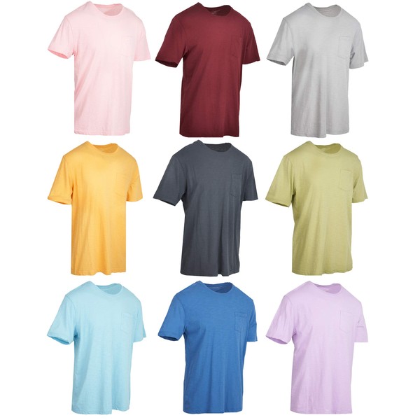 9 Pack of Mens Cotton Slub Pocket Tees Tshirt, T-Shirts in Bulk Wholesale, Colorful Packs (Large)