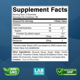 Vitabod Gomitas de melatonina de 20 mg – 180 unidades – Sin drogas – Sabor natural de fresa – Vegetarianas, sin OMG, sin gluten (1 botella)