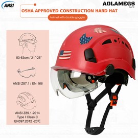 Aolamegs Safe Construction Hard Hats with Clear and Tinted Visor - OSHA Approved ANSI Z89.1 Dual Eye Protection Red Hard Hat with Chin Straps for Men Women,Vented Safety Helmet 6 Point Suspension