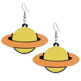 Handmade Lightweight Wooden Flying UFO Drop Earrings Cute Bohemian Natural Wood Planet Shaped Dangle Drop Earring Astronaut Novelty Hook Earring for Women (Yellow)