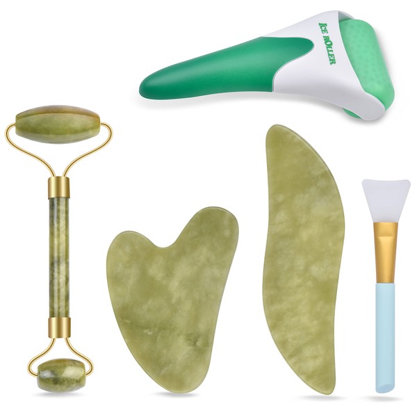 Charmonic Ice Roller & Jade Roller and Gua Sha Set, 6 in 1 Facial Massage Kits, Facial Roller Kit with Gua Sha Tool and Silicone Brush, Anti-Aging Jade Stone Massager for Face, Eyes, Neck Massage