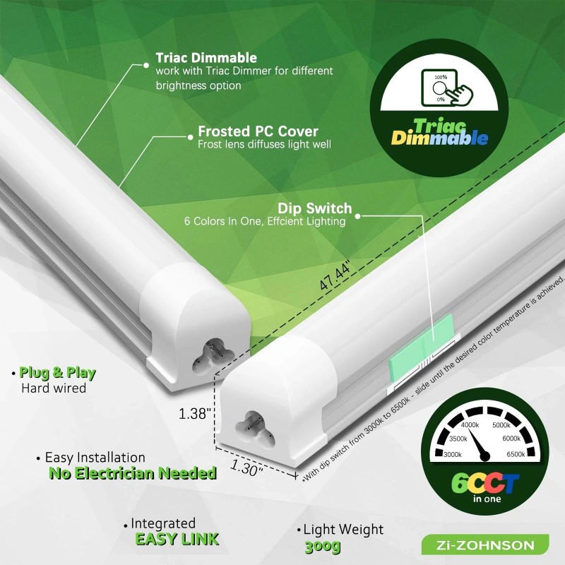 Zi-Zohnson 6 Pack 6CCT Triac Dimmable 4FT Led Shop Lights,
