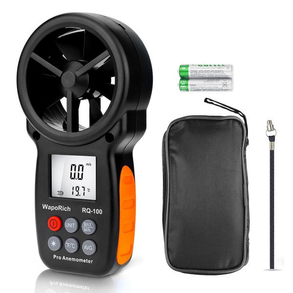 WapoRich RQ-100 Digital Anemometer Wind Speed Thermometer, Handy, High Accuracy Wind Speed and Temperature, 0.3 - 30 m/s Wind Velocity, Wind Temperature & Flow Measurement Device, Waterproof, Small, Portable, Convenient, Measure Wind Coolness, Backlight,