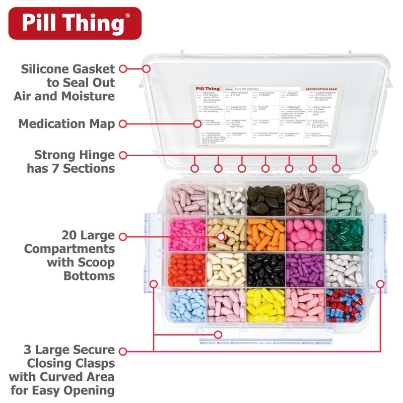20 Compartment Large Pill Case with Airtight Seal - Silicone