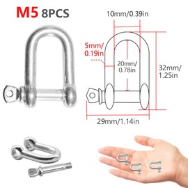 CEEYSEE Pack of 8 D Shackles M5 Stainless Steel Screw Shackles Steel Chain Link Shackle Shackle Straight Short Shape Stainless Steel for Cords Chains (D/M5/DXK)