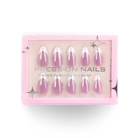 Almond Press-On Nails – 30 Pcs Glossy Chrome, French Tip & Solid Color Nail Set with Glue & Adhesive Tabs | PMMA Coated Reusable False Nails for Women & Teens (Parisian Tip, Medium)