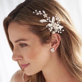 Bufenia Flower Wedding Hair Clips Pearl Hair Clips Rhinestone Headwear Leaves Wedding Hair Accessories for Women and Girls (Silver)