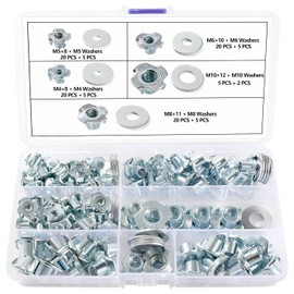 Lyeteung 85 Pieces M4/M5/M6/M8/M10 Drive-In Nuts Set, Four Prong Nuts, 4-Prong T-Groove Nuts, with 22 Pieces Washers, for Wood, Climbing Bars, Cabinets, Furniture