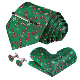 ROBERTO GABBANI Mens Red and Green Christmas Tie and Pocket Square Set, Silk Tie Handkerchief Cufflinks and Clip Set for Men