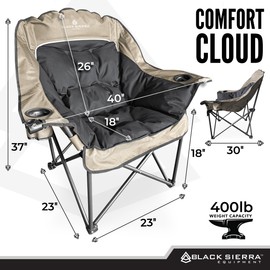 Black Sierra Oversized Camping Chair for Adults, Heavy Duty Outdoor Seat with Plush Padding, Supports 400lbs, Cup Holders & Carry Bag, Comfortable Folding Chair for Tailgating, Patio & Sideline Events