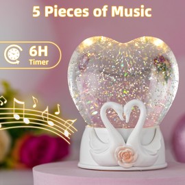 ​​Mother's Day Decorations Musical Snow Globe with Swan Couple, Heart Glitter Lantern with Timer - Birthday Anniversary Mother's Day for Mom/Wife Gifts(USB/Battery Operated)