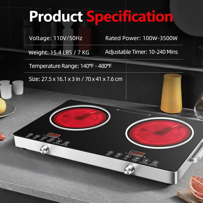 DRINTON 2 Burner Electric Cooktop, 3500W 110V Electric Double Burner