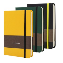 TUNJILOOL A6 Notebook, 3Pack Journal Leather Hardcover 192 Pages Thick Paper with 80GSM Blanks/Dotted/Grid, with Elastic Band & Inner Pocket for Writing and Sketching (A6, Black+Yellow+Dark Green)