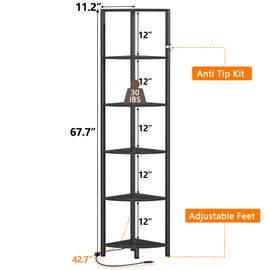 Furnulem 6 Tier Corner Shelf with LED Light, 67.5” Tall Standing Shelf Organizer, Black Narrow Bookshelf with Storage Rack for Wall Corner, Living Room, Bedroom, Metal Frame, Wood Display Shelf