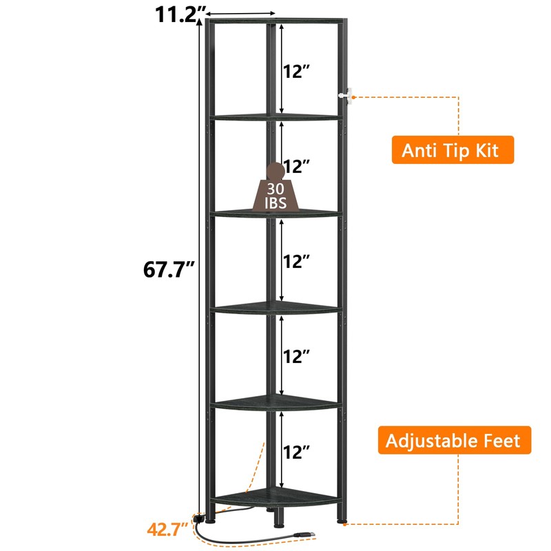 Furnulem 6 Tier Corner Shelf with LED Light, 67.5” Tall