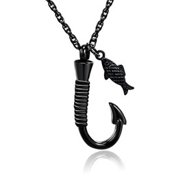 Fish hook Cremation Urn Pendant Memorial Necklace for ashes Fish Urn cremation necklace (BLACK)