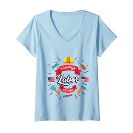 Womens Happy Labor Day Celebration Patriotic Tools & American Flag V-Neck T-Shirt