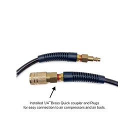 SYXQT Polyurethane(PU) 1/4-Inch x 100FT Reinforced, Air Hose with 1/4” Swivel Industrial Quick Coupler and Plug, Bend Restrictor,Black