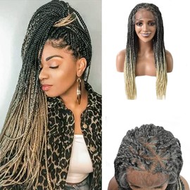 RESHE Braided Wigs For Black Women Micro Braids Wig Soft HD Lace Front Baby Hair Knotless Box Braid Wigs For Women Synthetic Hair Braiding Wig With Baby Hair Handmade Braid Wigs (#1B/613)