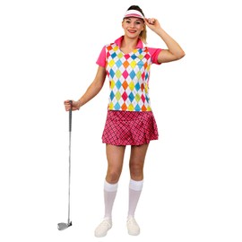 Ladies Golf Costume - Large - Pink Top, Pink Skirt, and Pink Visor Golf Hat - Perfect for Pub Nights and Novelty Fancy Dress