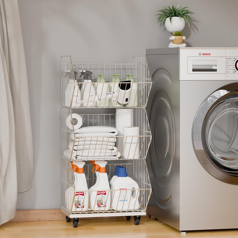 Standing Shelf Units, Wire Storage Basket with Wheels, Detachable and