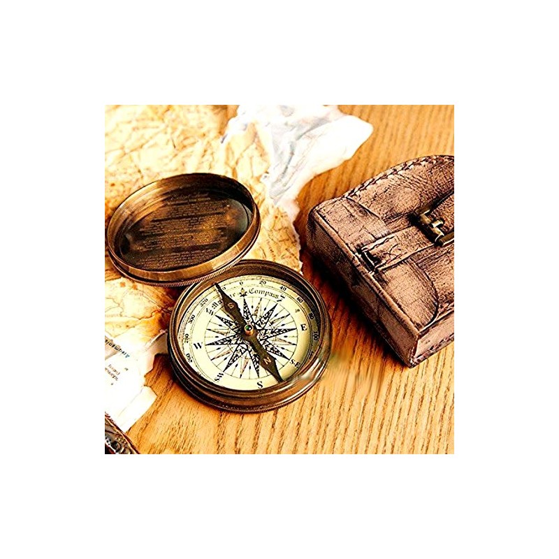 Antique Brass Poem Compass with Leather Case Pocket Compass Gift