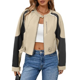 Tankaneo Womens Faux Leather Bomber Jackets Cropped Zip Up Color Block Fall Casual Moto Biker Coats