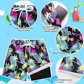 Boys Swim Trunks with Sun Hat Compression Liner Swim Shorts Quick Dry Beach Short Breathable Bucket Hat Set for 3-14 Years