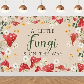 Funmemoir Mushroom Baby Shower Decorations, Mushroom a Little Fungi is on The Way Backdrop, Woodland Mushroom Photo Background Banner for Fairy Wildflower Forest Baby Shower Party Supplies