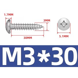 M3*30 Phillips Pan Head Wood Screws 304 Stainless Steel Self-Tapping Screws for Wood Full Thread Woodworking fastener (50pcs)