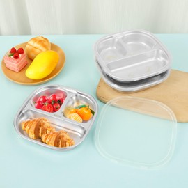 DJAPWPX 3 Pcs Stainless Steel Kid Plate with Transparent Lid and 3 Compartments, Stackable Toddler Dish Reusable Baby Plate for Home Travel and Daycare