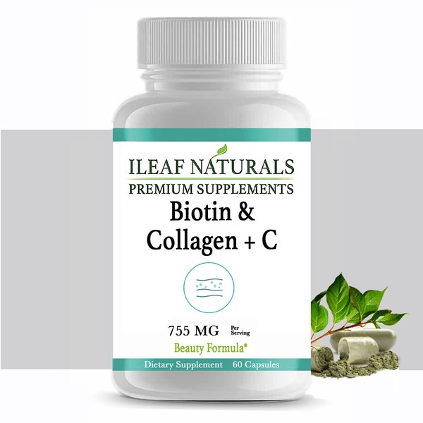 iLeafNaturals Biotin & Collagen  + Vitamin C 755 MG - 60 Veggie Capsules