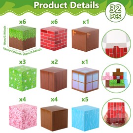 32PCS Pixel Theme Treat Boxes for Game Theme Birthday Decorations, Video Game Party Supplies and Favor Boxes with 9 Designs, Pre-Folded Paper Cubes for teenagers DIY Birthday Party