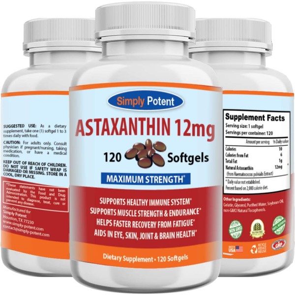Astaxanthin 12mg 120 Softgels, 4 Month Supply, Triple Strength (3 x Astaxanthin 4mg Gelcaps) High Potency Antioxidant, Natural Astaxanthin Gel Caps to Support Joint, Muscle, Immune, Skin & Eye Health