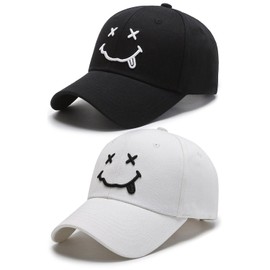 HDGSAFD Pack of 2 Baseball Caps, Smiley Leisure Hats, Wide Brim Sun Hats, Men's and Women's Hats, Sun Protection Hats for Outdoor Use, Adjustable Baseball Caps, black, white