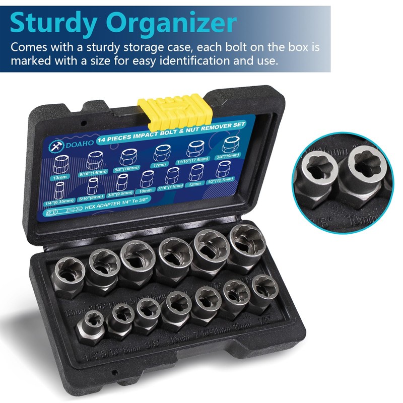 DOAHO 13+1Pcs Impact Bolt Extractor Kit & Lug Nut Removal
