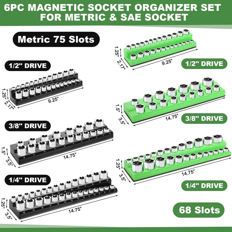 Blulu 8 Pack Magnetic Socket Organizer Set 1/4", 3/8", 1/2"