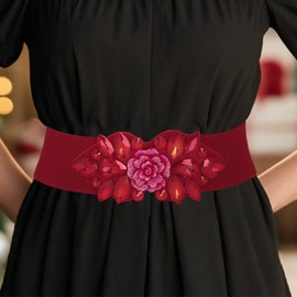 Wriidy Christmas Rhinestone Stretch Belt Wide Formal Belt Women Red Belts Plus Size Elastic Dressy Waist Accessories